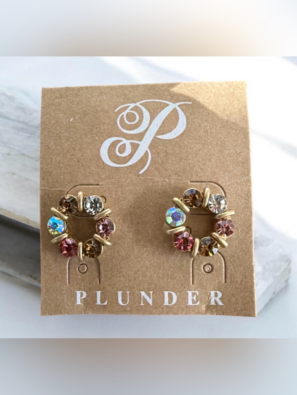 Plunder Design Crystal Cluster Wreath Stud Earrings Gold Tone Boho Set NEW